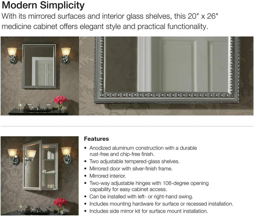 Kohler CB-CLW2026SS Aluminum Bathroom Medicine Cabinet with Mirror, Decorative Silver Framed Mirror Door, Adjustable Shelves, Rectangular Frame, 20 in. W x 26 in. H