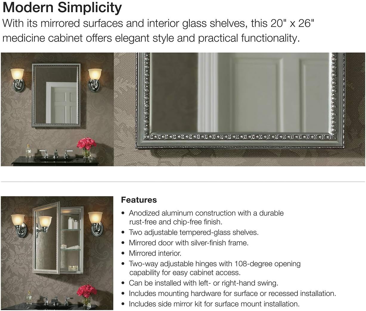 Kohler CB-CLW2026SS Aluminum Bathroom Medicine Cabinet with Mirror, Decorative Silver Framed Mirror Door, Adjustable Shelves, Rectangular Frame, 20 in. W x 26 in. H