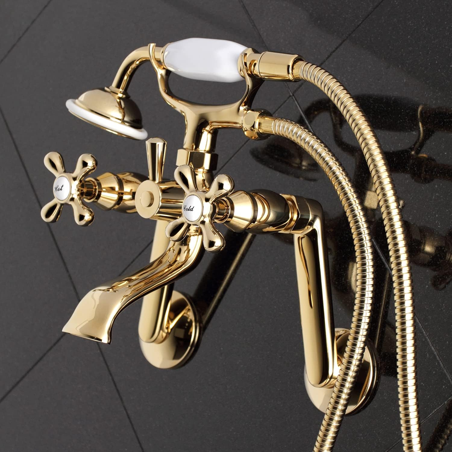 Kingston Brass KS269PB Vintage Wall Mount Clawfoot Tub Filler with Hand Shower, Polished Brass 9.13 x 7.5 x 6