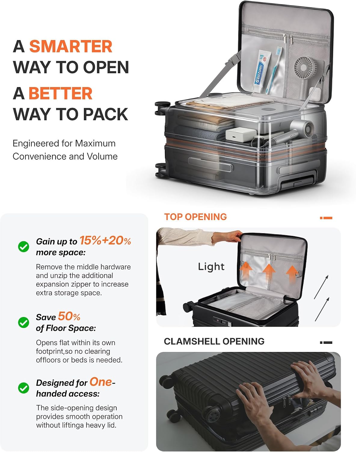 Expandable 20Inch Carry On Luggage Airline Approved - Top Opening Hardside Travel Suitcase Unbreakable -with Cup Holder,USB Charge,Side Pothook, 360°Spinner Wheels, TSA Lock-Black