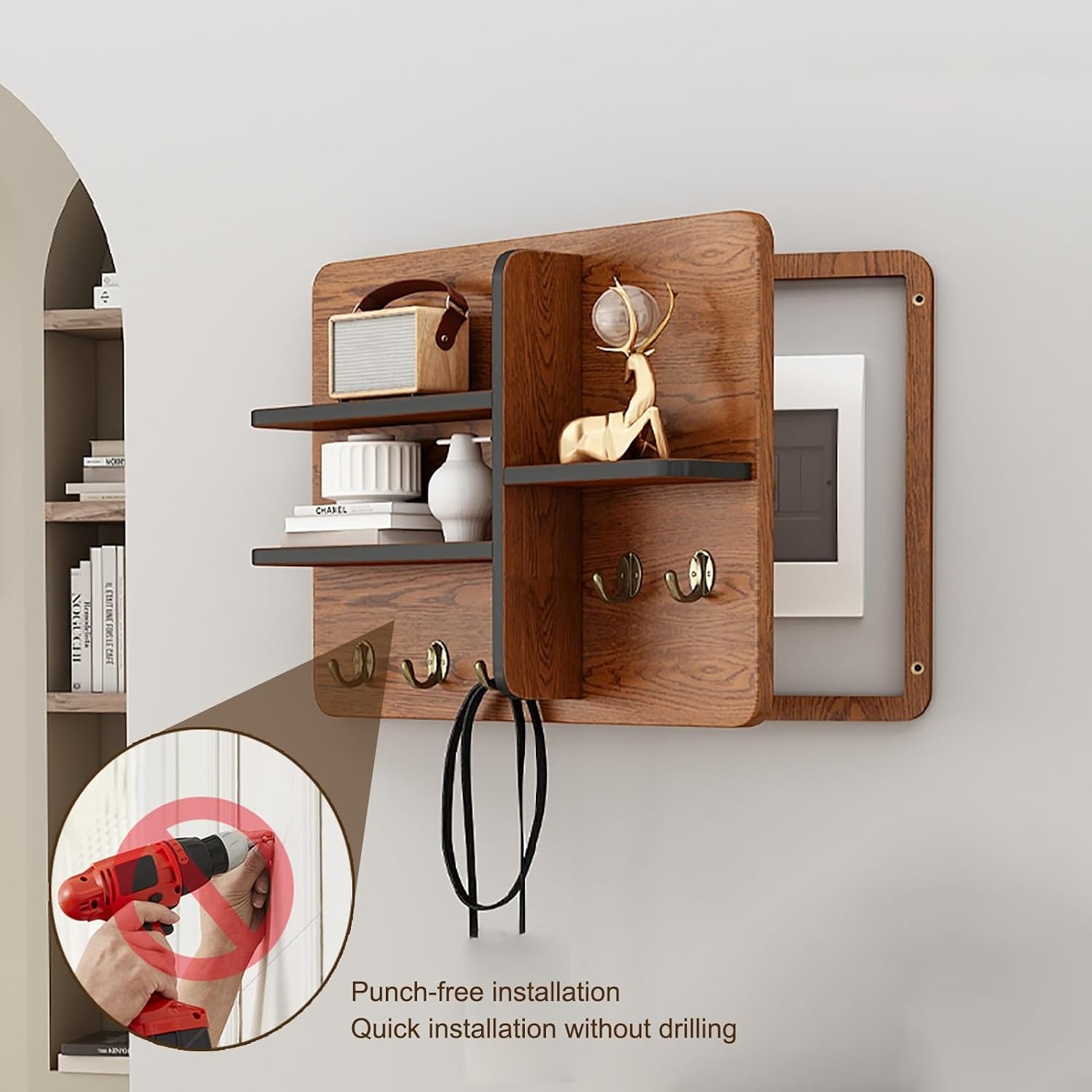 Decorative Fuse Box Covers, Hide Electrical Panel Decoration Wall Mounted, Wooden with Shelf & Hooks, Adapts to Different Interior Decoration Styles(White 2,50 * 40cm/20 * 16in)