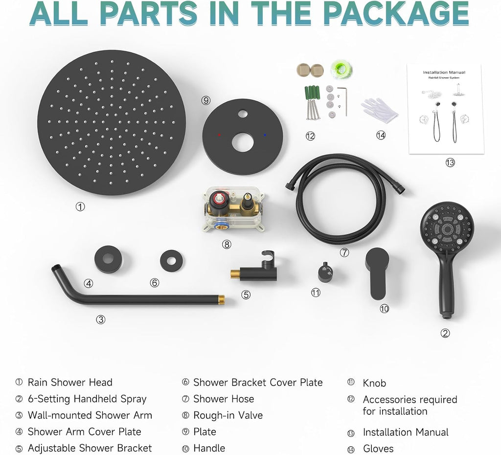 SR SUN RISE Shower Faucet - 12 Inch Multifunctional High Pressure Shower Head System with Handheld Shower Head Fixtures - Valve Included - Matte Black