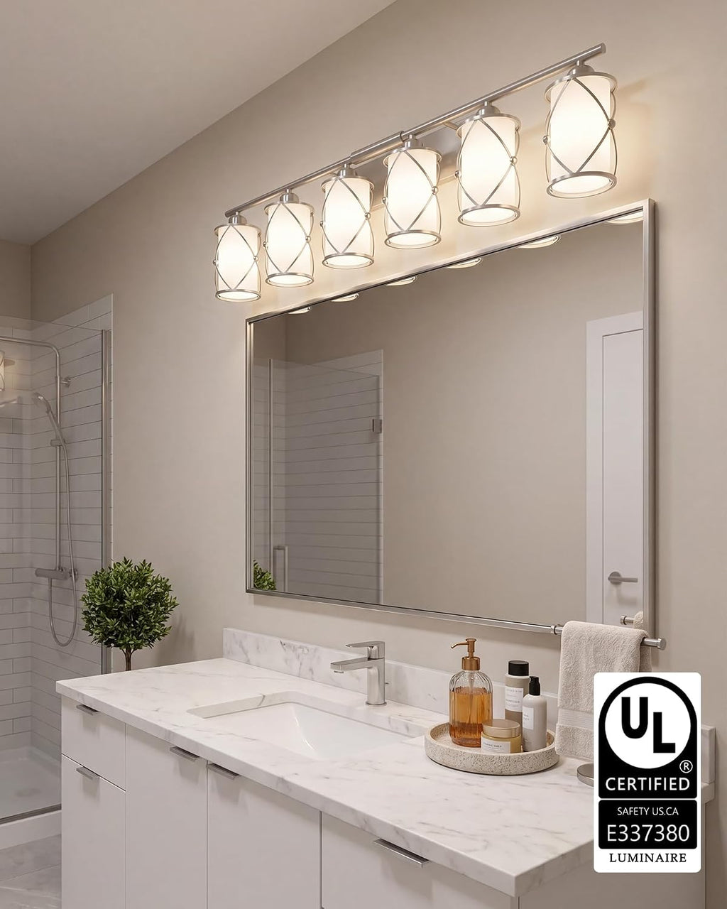 6-Light Brushed Nickel Bathroom Light Fixtures Over Mirror, 42' UL-Listed Modern Wall Sconce Lights with Milk White Frosted Glass and Metal Cage for Bath, Hardwire E26, CH9176BNW-6W