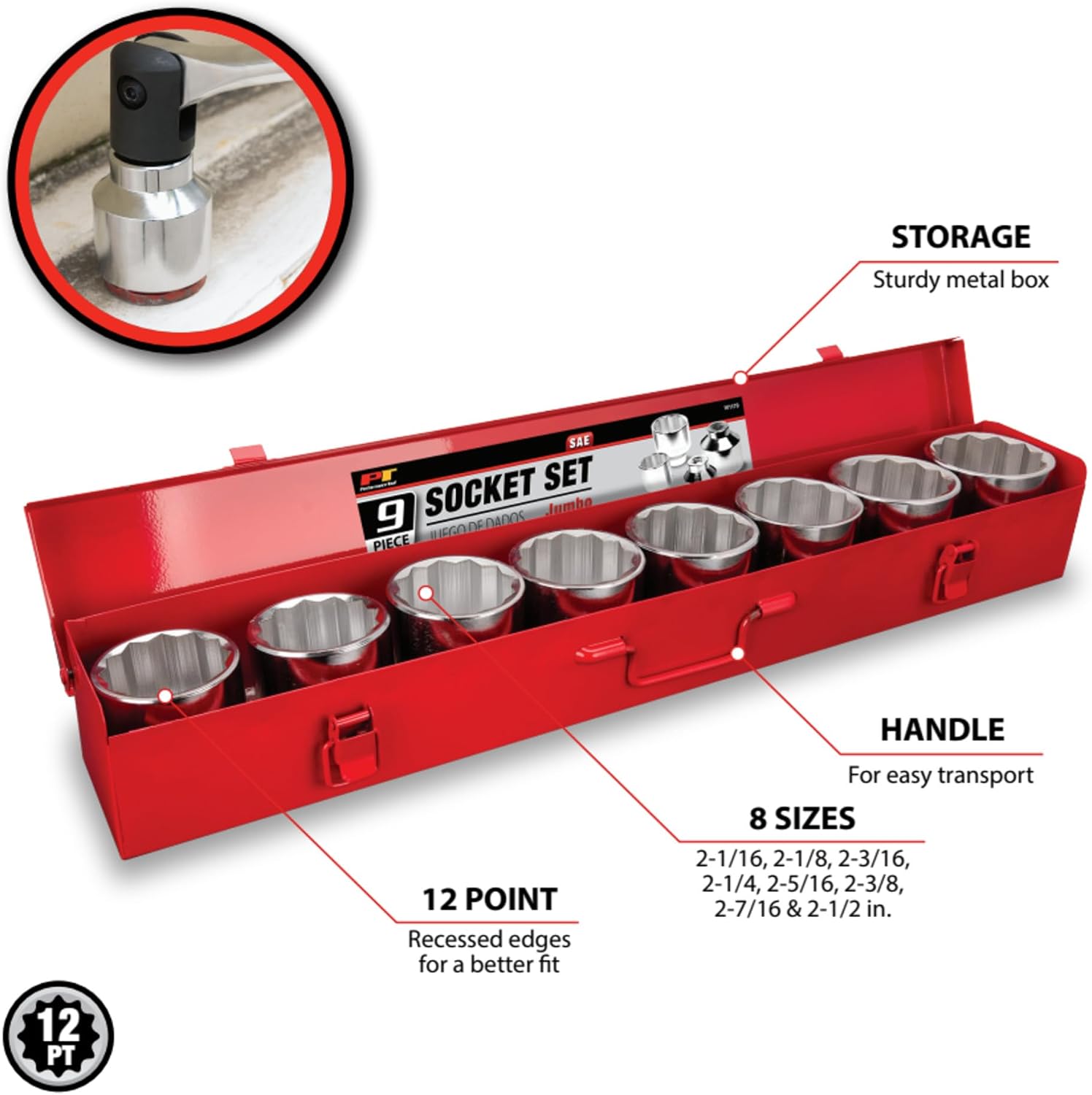 Performance Tool W1179 9-Piece 3/4-Inch Drive Jumbo Socket Set