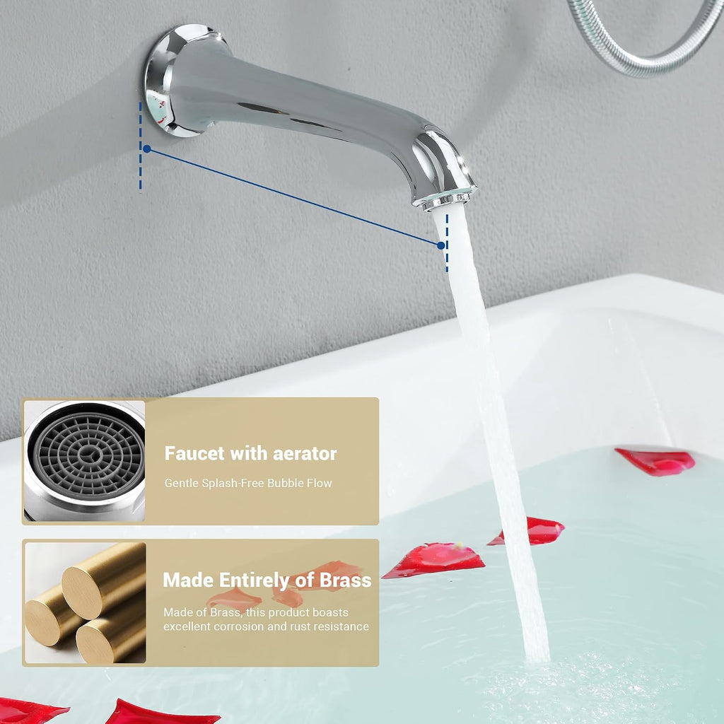 DASAN Shower System with Tub Spout, Chrome Tub and Shower Faucet Combo Set with Valve & Trim Kit Bathtub Shower Faucet Set Bathtub Shower System with Rainfall Shower Head & Handheld, AT309W-PC