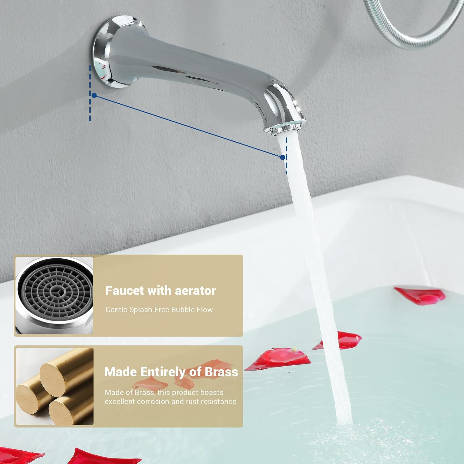 DASAN Shower System with Tub Spout, Chrome Tub and Shower Faucet Combo Set with Valve & Trim Kit Bathtub Shower Faucet Set Bathtub Shower System with Rainfall Shower Head & Handheld, AT309W-PC