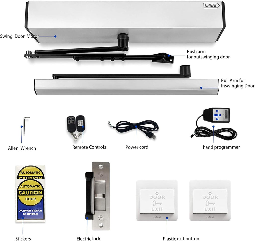 Olideauto Heavy Duty Commercial Door Operator Olide-120B,Low Power Auto Swing Door with 2PCS Exit Buttons and Stainless Steel DC12V 881lbs Electric Lock