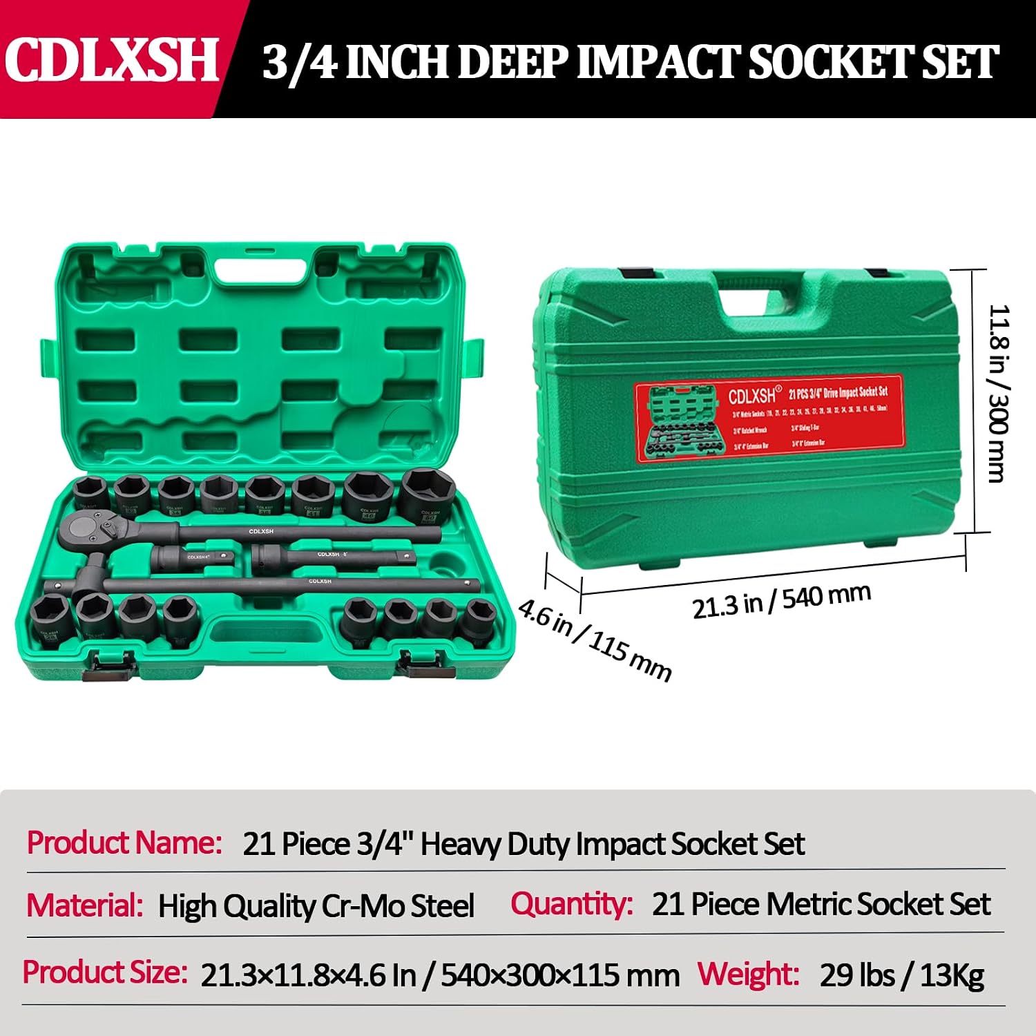 3/4' Drive Impact Socket Set, 21 Pcs Heavy Duty Large Socket Set, Cr-Mo Steel, Standard 6-Point Metric Sockets (19mm-50mm), Includes Ratchet Wrench, Extension Bar, T Sliding Bar and Dedicated Case