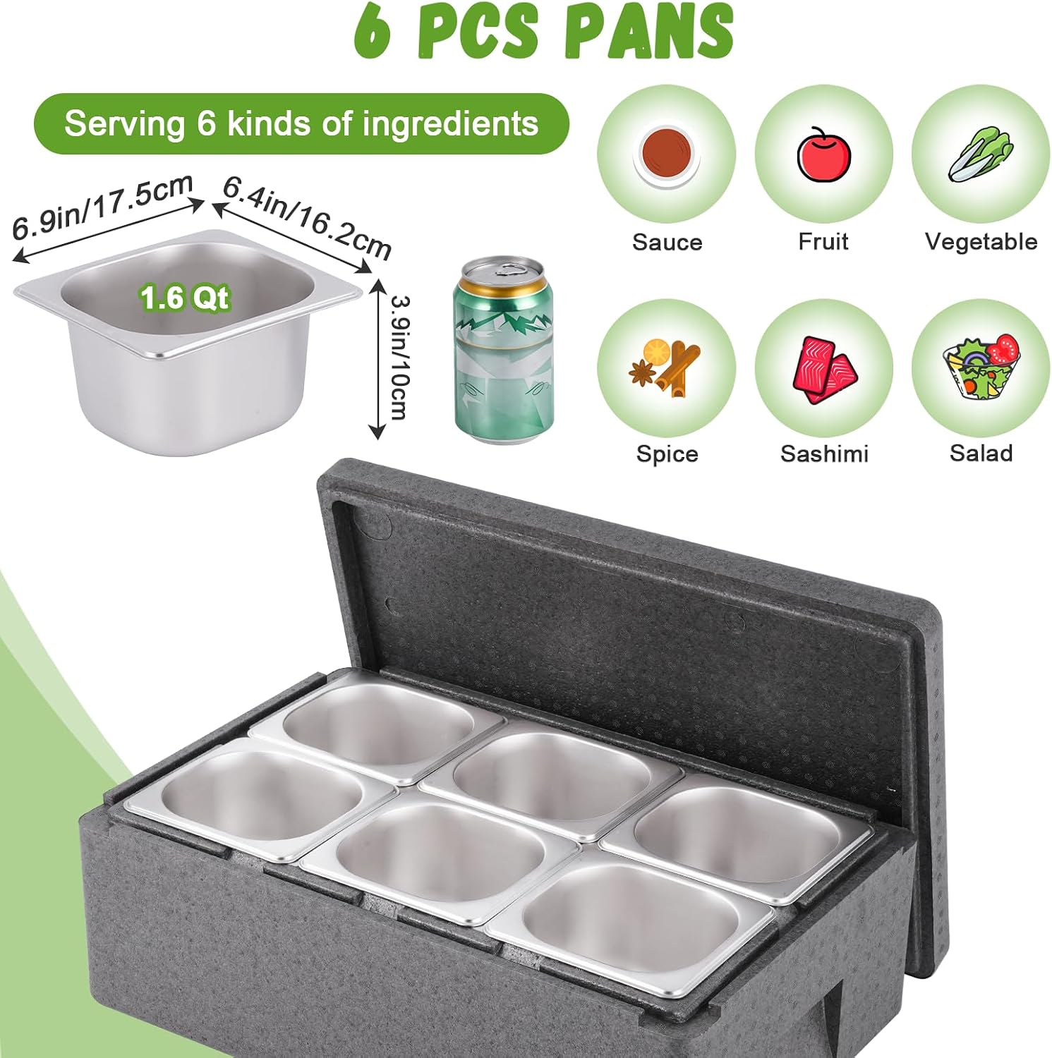 Insulated Cold Food Buffet Ice Serving Trays 6 Lids 6 Pans 2 Ice Packs Insulation Box Cooled Condiment Serving Container Ice Platter Food Cooler for Parties Buffets Fruit Market
