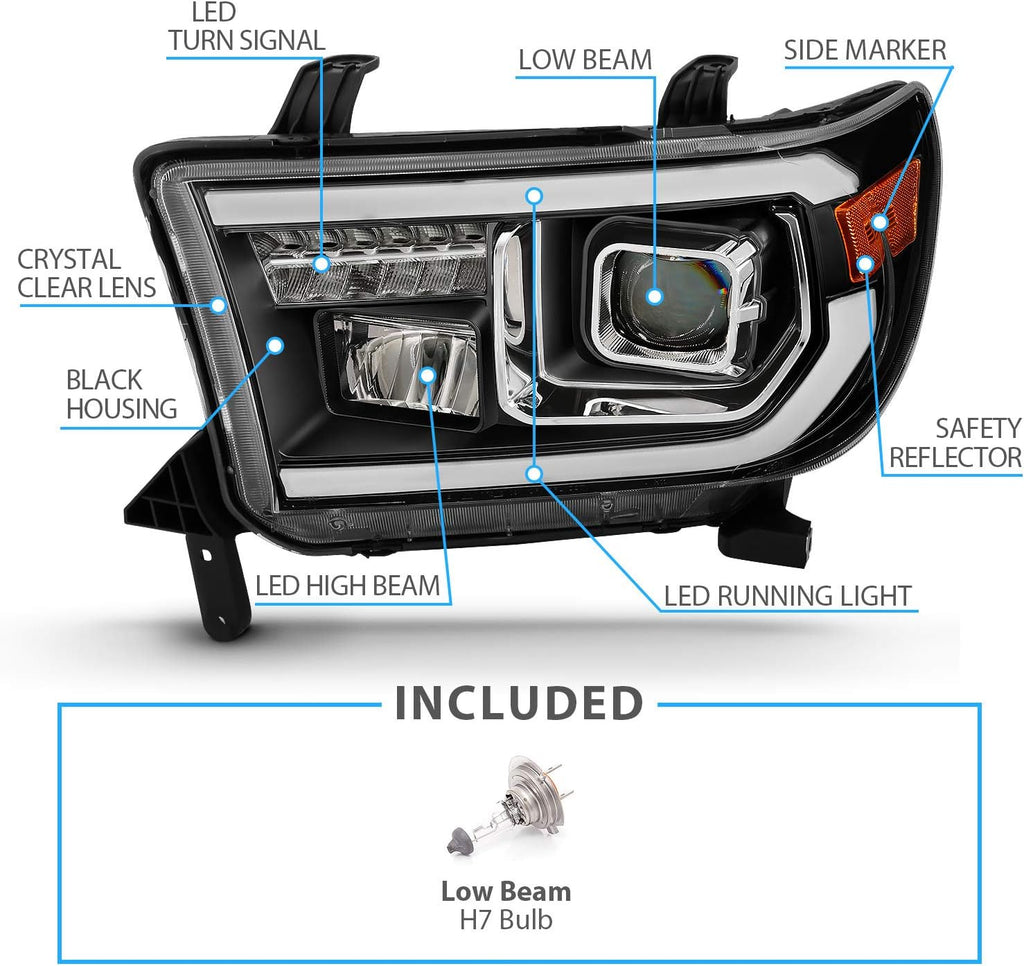 AmeriLite Replacement for 2007-2013 Toyota Tundra | 2008-2017 Sequoia Quad Projector w/High Power LED Tube & Signal Set - Passenger and Driver Side