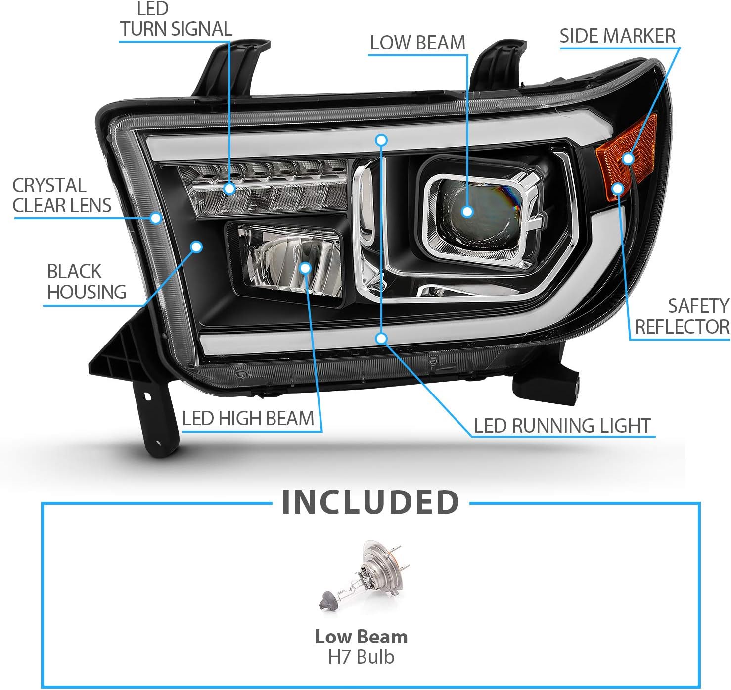AmeriLite Replacement for 2007-2013 Toyota Tundra | 2008-2017 Sequoia Quad Projector w/High Power LED Tube & Signal Set - Passenger and Driver Side