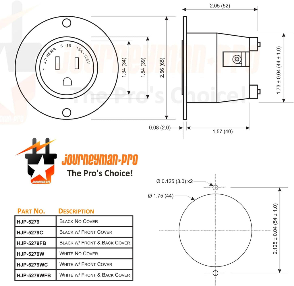 Journeyman-Pro 5279 Flanged Outlet Receptacle - 15 Amp 125 Volt NEMA 5-15, Commercial Grade Electrical Outlet, 2-Pole 3-Wire Straight Blade Plug, cUL Listed, 10-14 AWG, 10-Pack w/Front & Back Covers