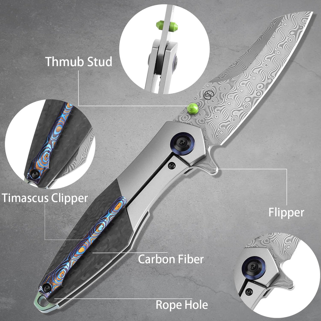KANSEPT Mistaken Folding Knives for Men EDC Camping Pocket Folding Knife 3.58'' Damascus Blade with Beadblasted Titanium + Twill Carbon Fiber Handle Everyday Carry K1053D1