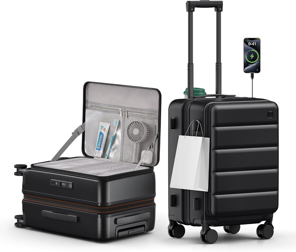Expandable 20Inch Carry On Luggage Airline Approved - Top Opening Hardside Travel Suitcase Unbreakable -with Cup Holder,USB Charge,Side Pothook, 360°Spinner Wheels, TSA Lock-Black