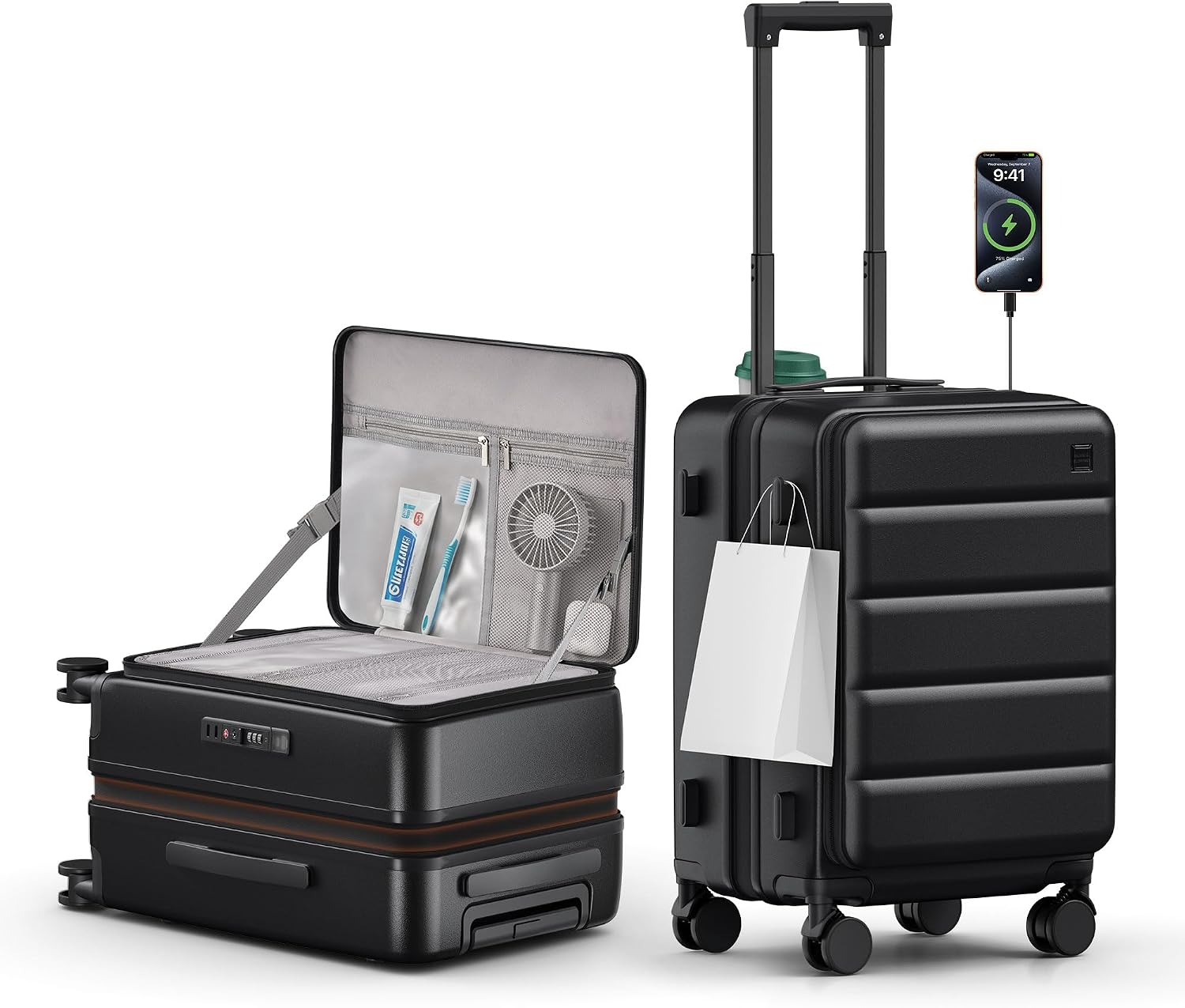 Expandable 20Inch Carry On Luggage Airline Approved - Top Opening Hardside Travel Suitcase Unbreakable -with Cup Holder,USB Charge,Side Pothook, 360°Spinner Wheels, TSA Lock-Black