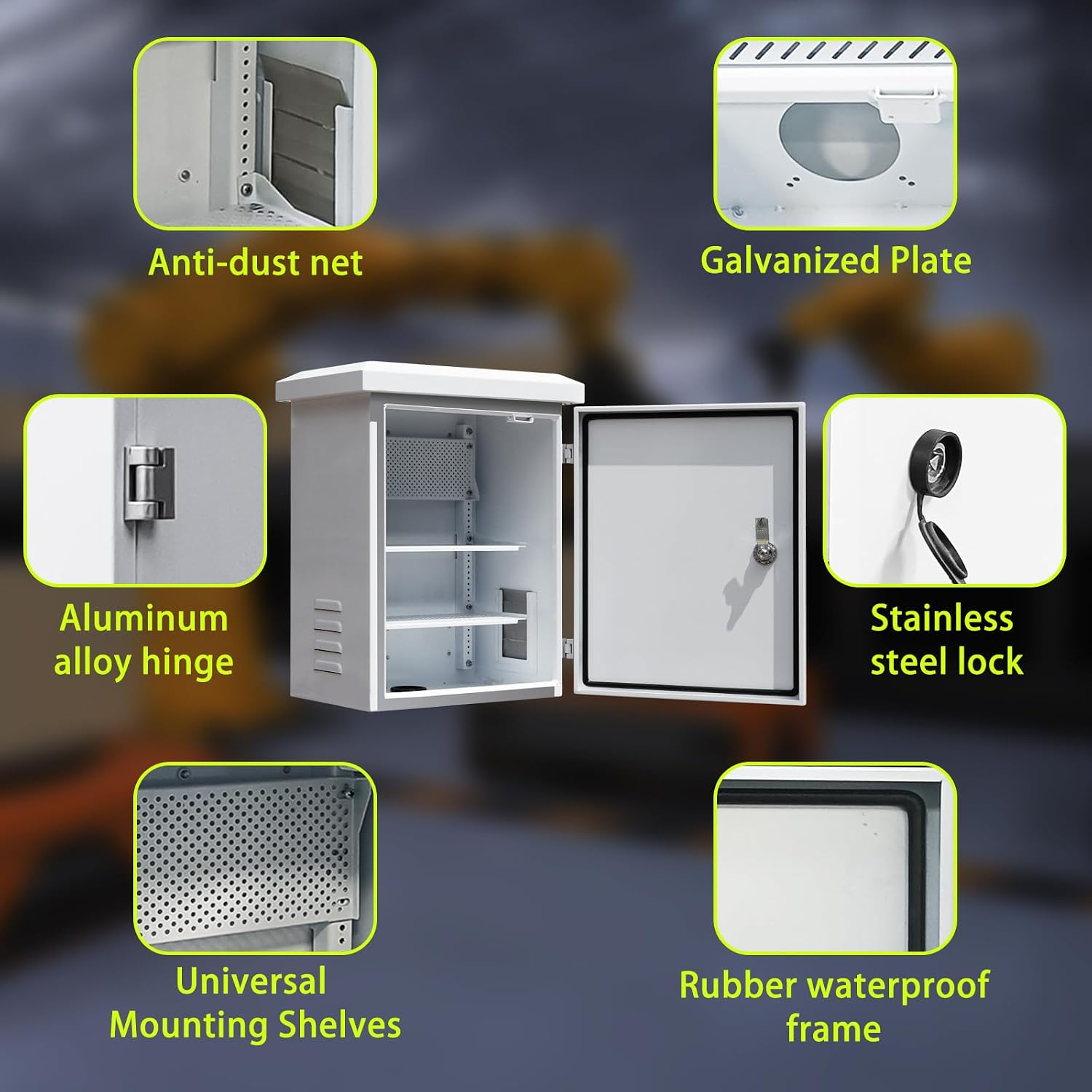 Metal Outdoor Enclosure with Rain Hood Electrical Box Weatherproof WiFi/Network Enclosure Breaker Box with Fan-Vent Design Cable Project Cabinet with Mounting Track Hole in Back 16X20X10