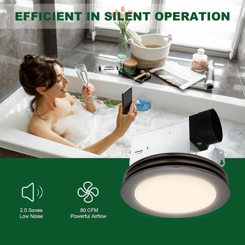 Akicon Bathroom Exhaust Fan with Light, 80 CFM 2 Sones Round Bathroom Fan Light Combo, Dimmable 3CCT LED with Acrylic Cover for Medium Room (Oil Rubbed Bronze)