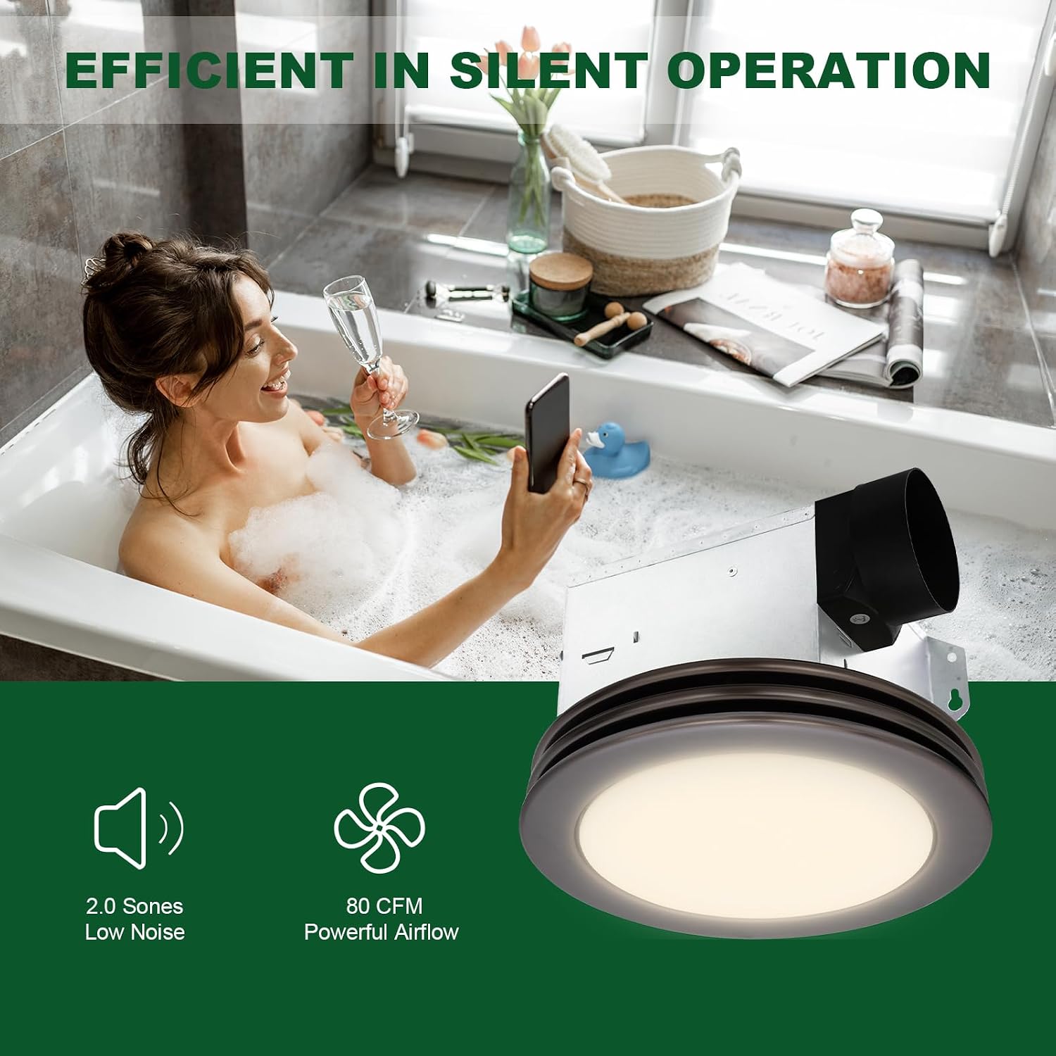 Akicon Bathroom Exhaust Fan with Light, 80 CFM 2 Sones Round Bathroom Fan Light Combo, Dimmable 3CCT LED with Acrylic Cover for Medium Room (Oil Rubbed Bronze)