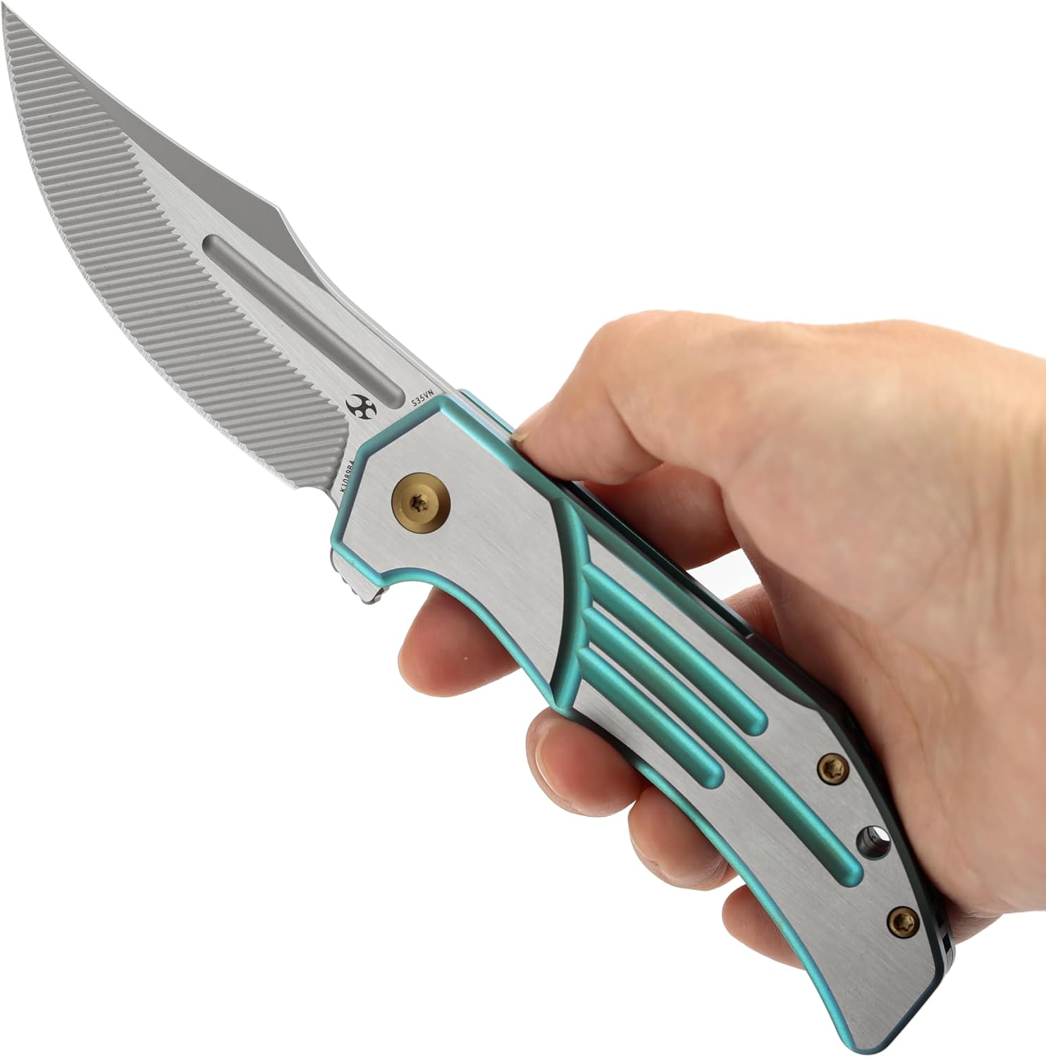 KANSEPT Orion Pocket Knife, 3.07' Machine Satin S35VN Blade with Blood Groove and Green Anodized Titanium Handle Both Crafted with CNC Milling, Flipper EDC Folding Knife for Camping, Hunting K1089B4