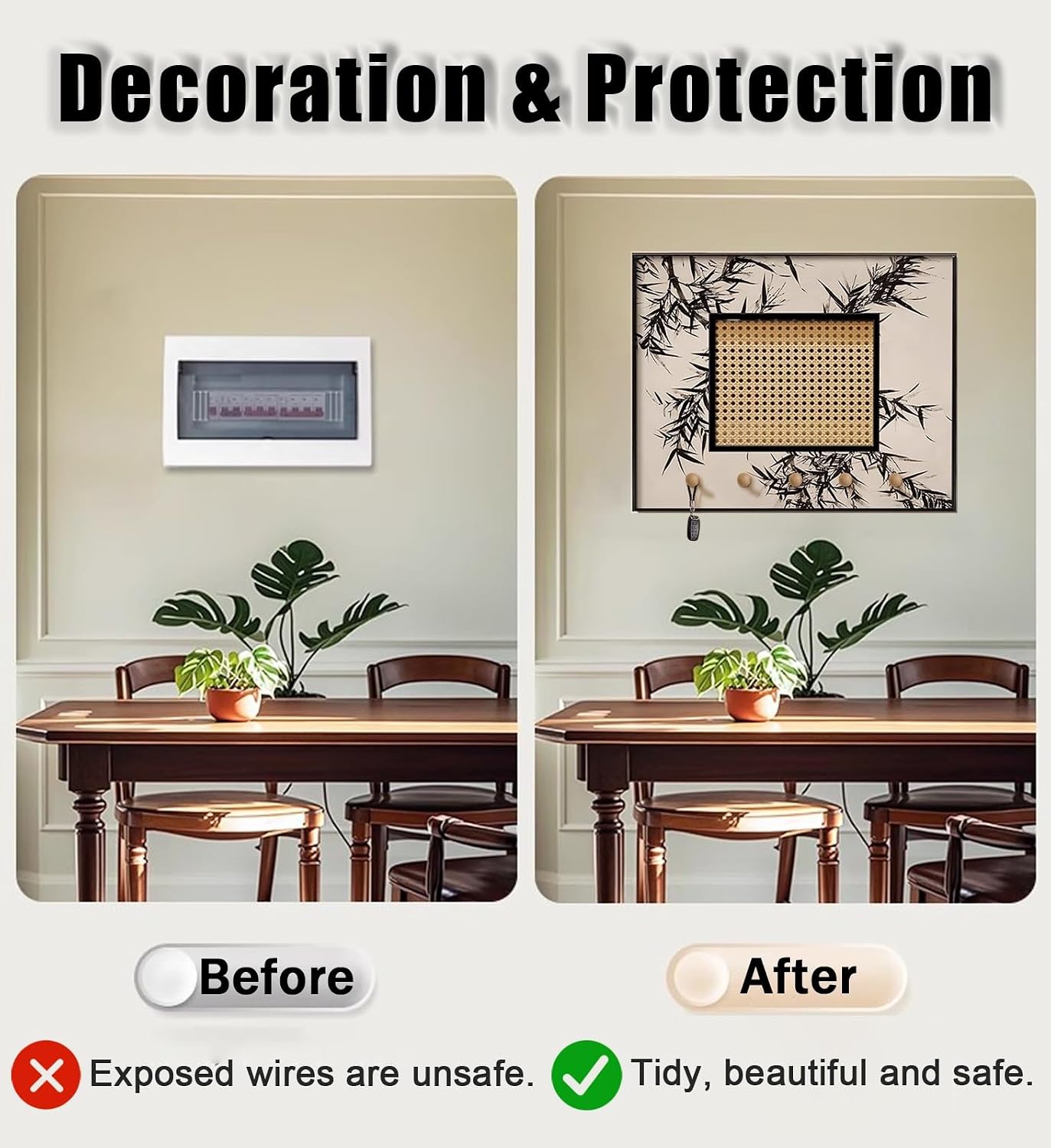 Electrical Panel Cover Breaker Box Cover Medieval Style, Rattan Electrical Panel Cover with Hook, Distribution Box Decorative Painting(Light Coffee,50 x 40 cm (19.7 x 15.7 in))