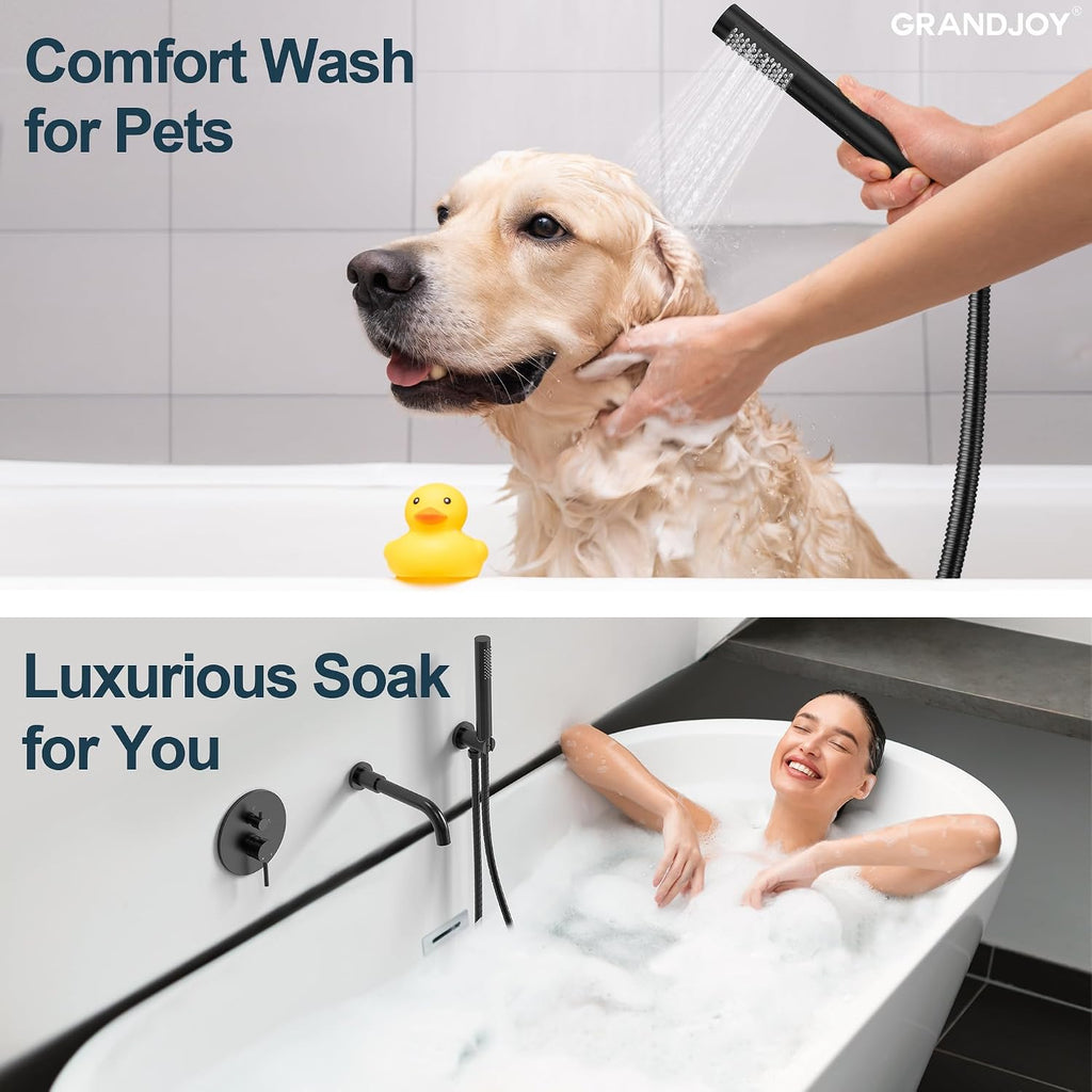 Matte Black Wall Mount Bathtub Faucet with Handheld Shower, High Flow Tub Filler, Solid Brass Rough-in Valve Included, Single Handle Bathroom Fixture