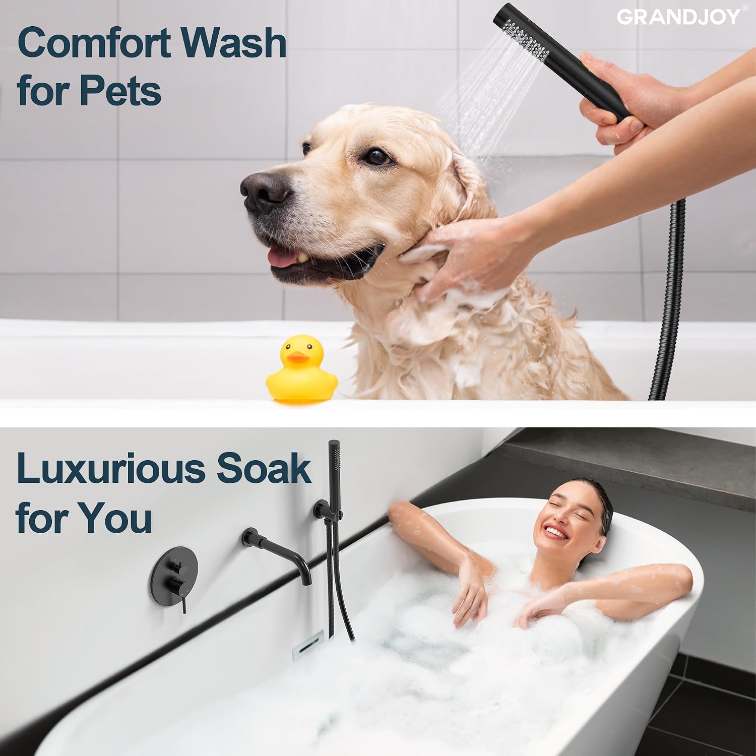 Matte Black Wall Mount Bathtub Faucet with Handheld Shower, High Flow Tub Filler, Solid Brass Rough-in Valve Included, Single Handle Bathroom Fixture