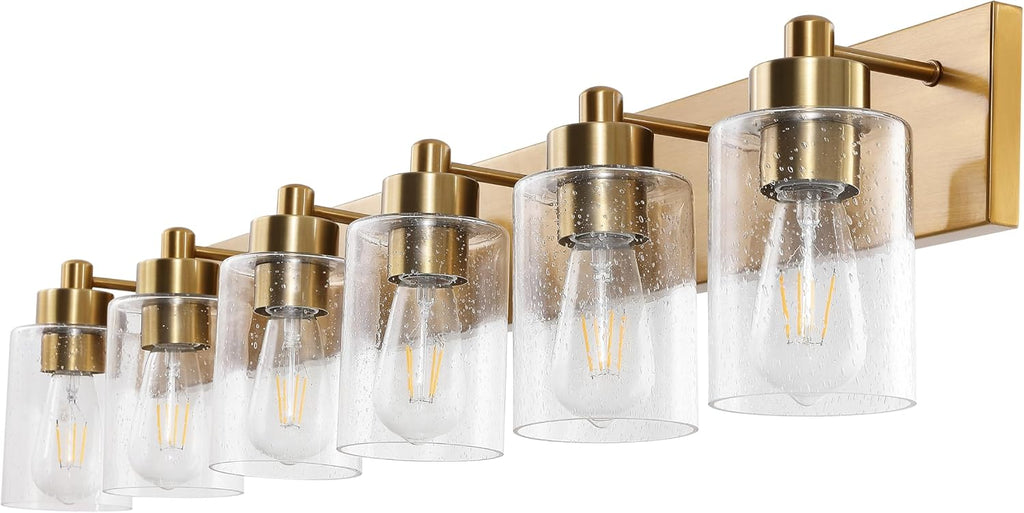 JONATHAN Y 40' Brass Gold/Clear 6-Light Modern LED Vanity Light for Bathroom Mirror, Mid-Century Wall Sconce with Clear Seeded Glass Shades, Contemporary Iron Fixture, LED Bulbs (JYL7621D)
