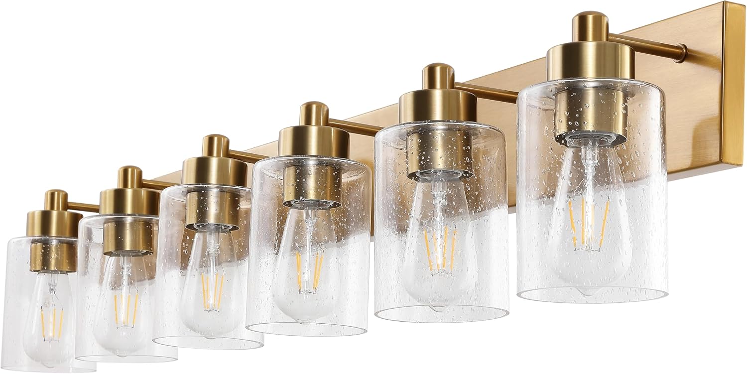 JONATHAN Y 40' Brass Gold/Clear 6-Light Modern LED Vanity Light for Bathroom Mirror, Mid-Century Wall Sconce with Clear Seeded Glass Shades, Contemporary Iron Fixture, LED Bulbs (JYL7621D)