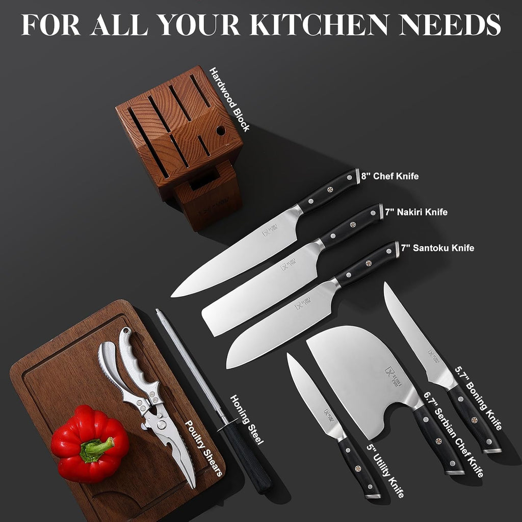 9 Pieces Knife Set with Block, Hand Forged High Carbon Steel Sharp Blade Cooking Knives Set with Holder for Kitchen, Block Chef Knife Set Professional, Best Gifts for Men Women