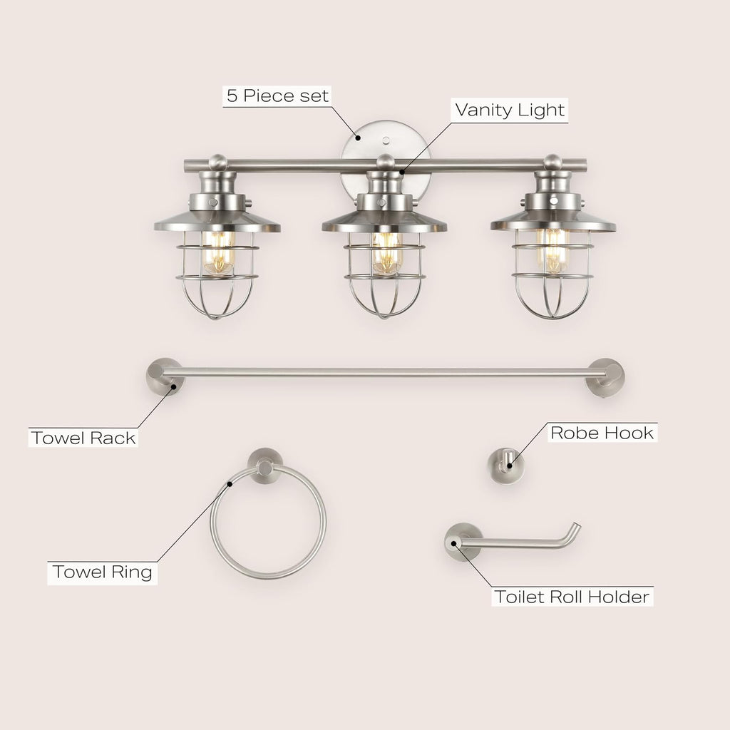 JONATHAN Y JYL1506B Ellis 24' 3-Light Industrial Farmhouse Vanity Light with Bathroom Hardware Accessory Set, Brushed Nickel (5-Piece) - Towel Bar & Ring, Toilet Paper Holder, Robe Hook