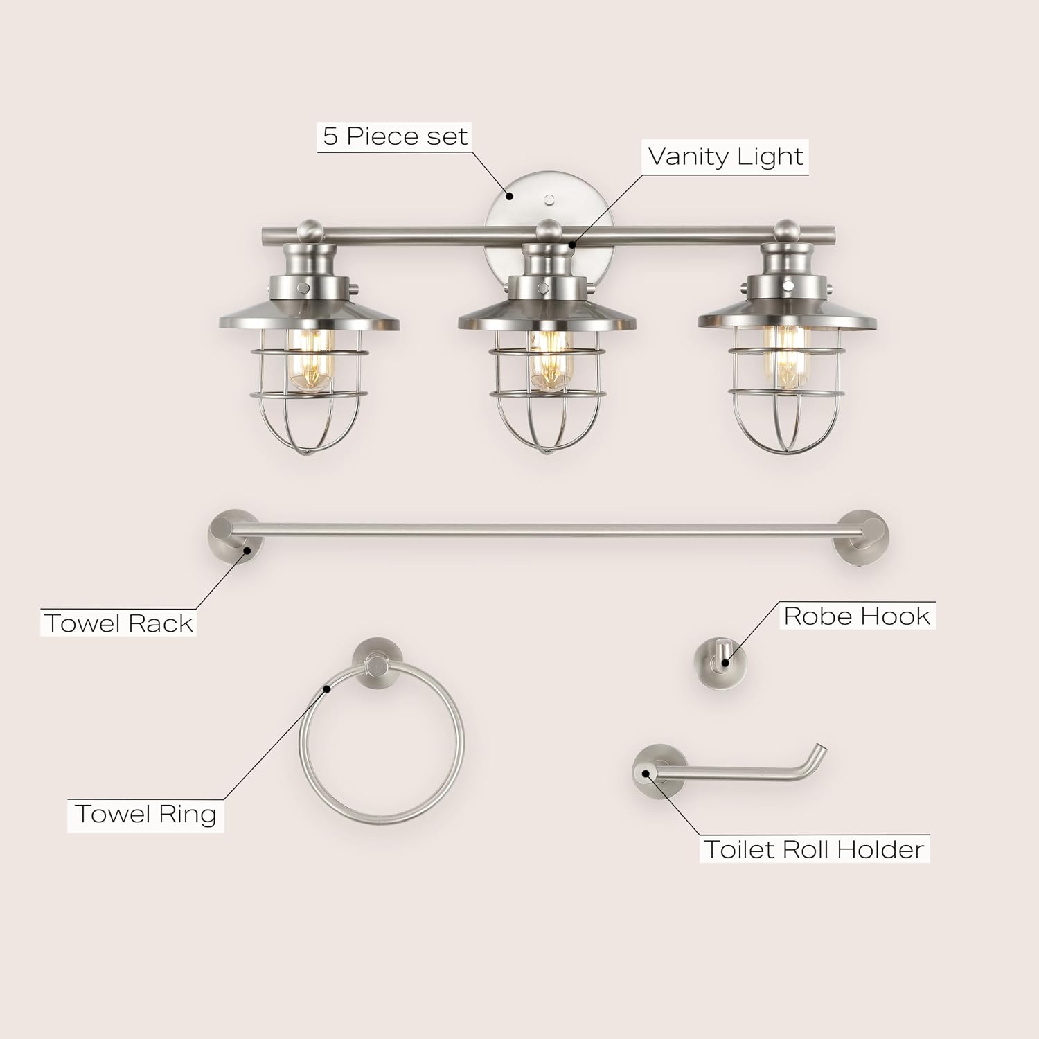 JONATHAN Y JYL1506B Ellis 24' 3-Light Industrial Farmhouse Vanity Light with Bathroom Hardware Accessory Set, Brushed Nickel (5-Piece) - Towel Bar & Ring, Toilet Paper Holder, Robe Hook