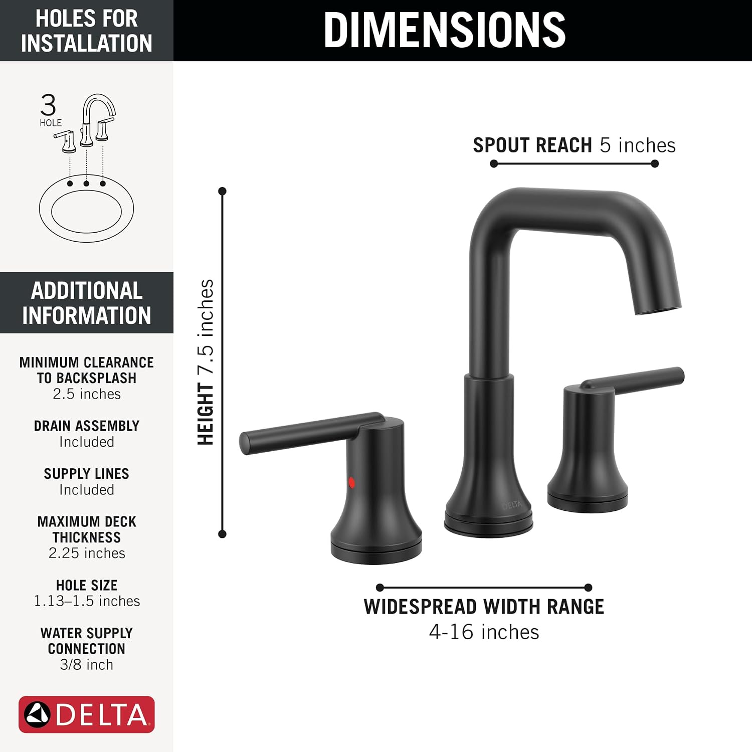 Delta Trinsic U-Spout Widespread Bathroom Faucet, Matte Black 3-Hole Bathroom Sink Faucet, Metal Push-Pop Drain Assembly, Matte Black 3554-BLMPU-DST