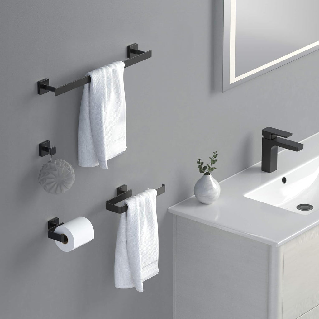 KIBI Blaze Bathroom Hardware Set 4 Piece Bathroom Accessories Set | Towel Bar (19'), Towel Holder, Toilet Paper Holders, Robe Hook (Matte Black) (KBA16-4-2)