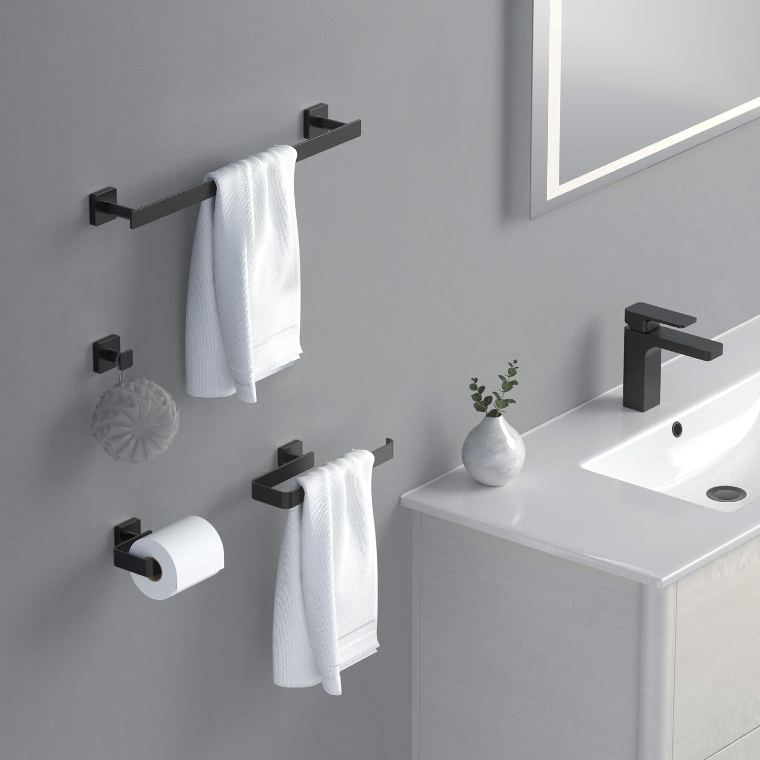 KIBI Blaze Bathroom Hardware Set 4 Piece Bathroom Accessories Set | Towel Bar (19'), Towel Holder, Toilet Paper Holders, Robe Hook (Matte Black) (KBA16-4-2)