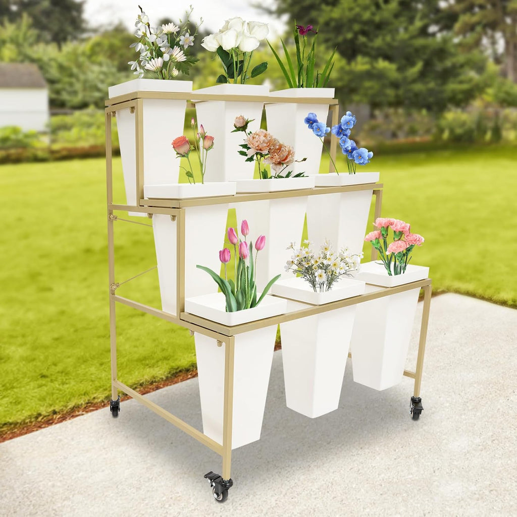 Flower Display Stand with 9Pcs White Square Buckets, 3 Layers Gold Metal Plant Holder with Wheels, Moving Florist Bouquet Shelf for Fresh Flower Shop, for Patio Garden, Outdoor Flower Pop-Up Events