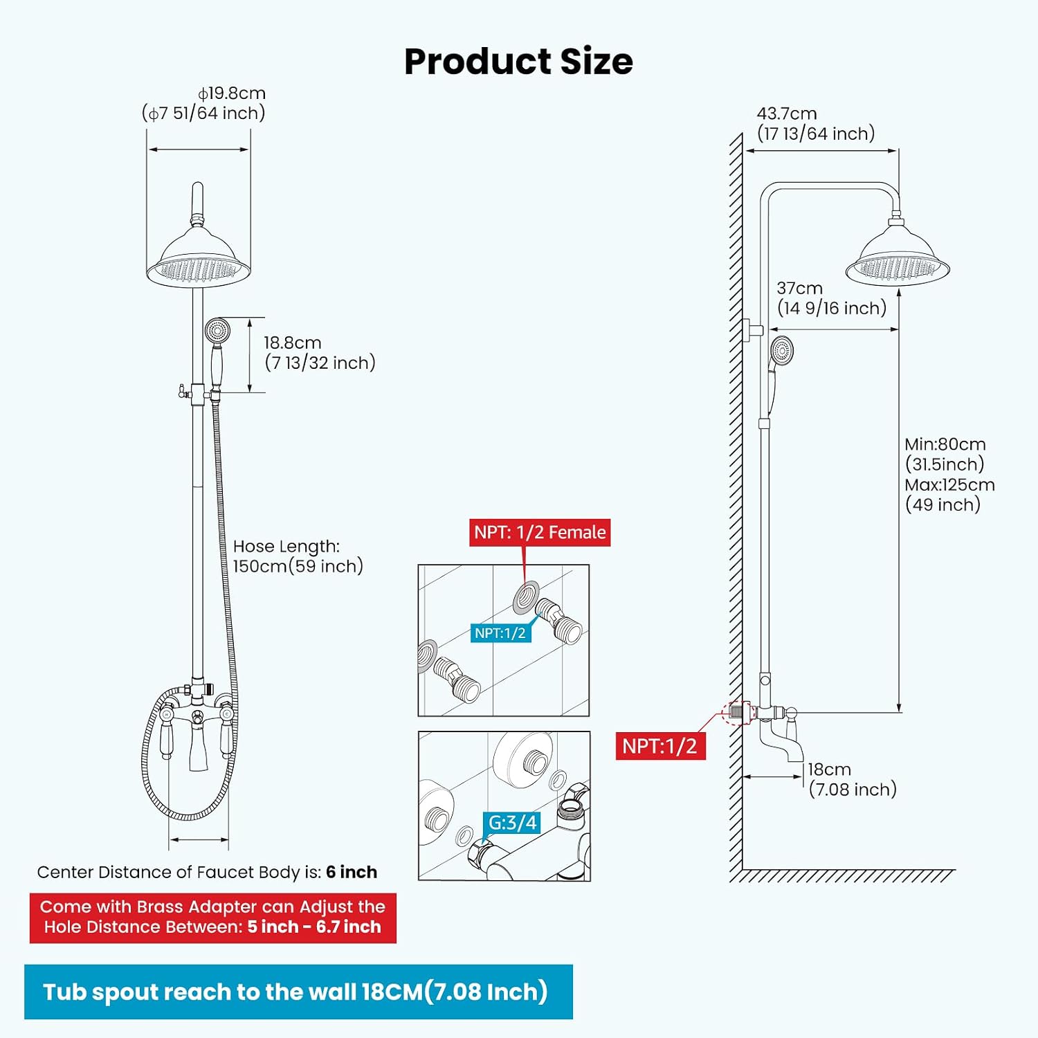 gotonovo Antique Brass Shower Faucet 8-inch Luxury Shower Head Fixture with Handheld Spray Double Lever Handle Bathtub Spout Triple Function Bathroom Wall Mount