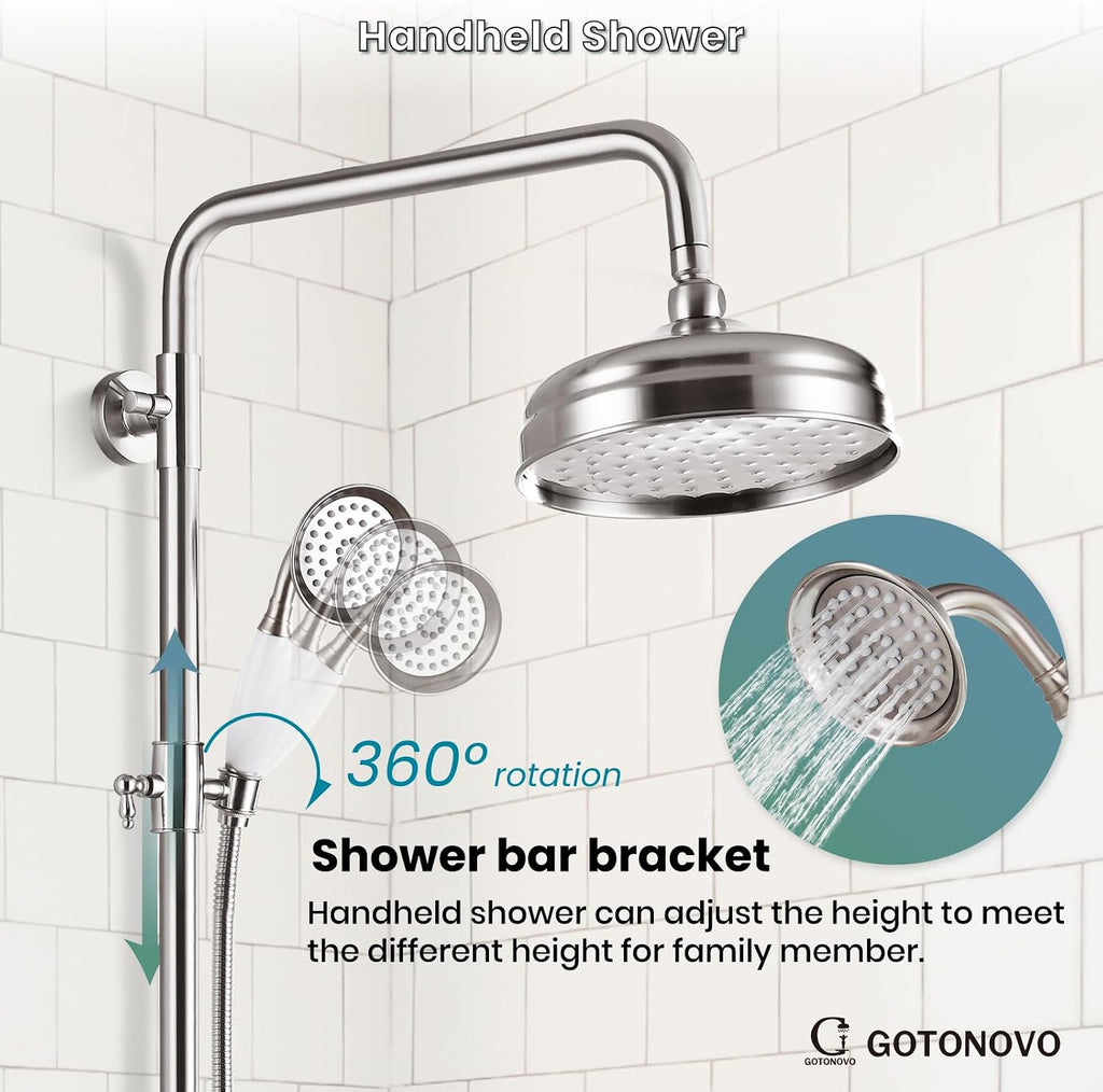 gotonovo Luxury Exposed Shower Faucet Set Bathroom Shower System 8 Inch Wall Mount Rainfall Shower Head with Handheld Spray Cross Double Handle Shower Fixture Adjustable Straight Rod Brushed Nickel