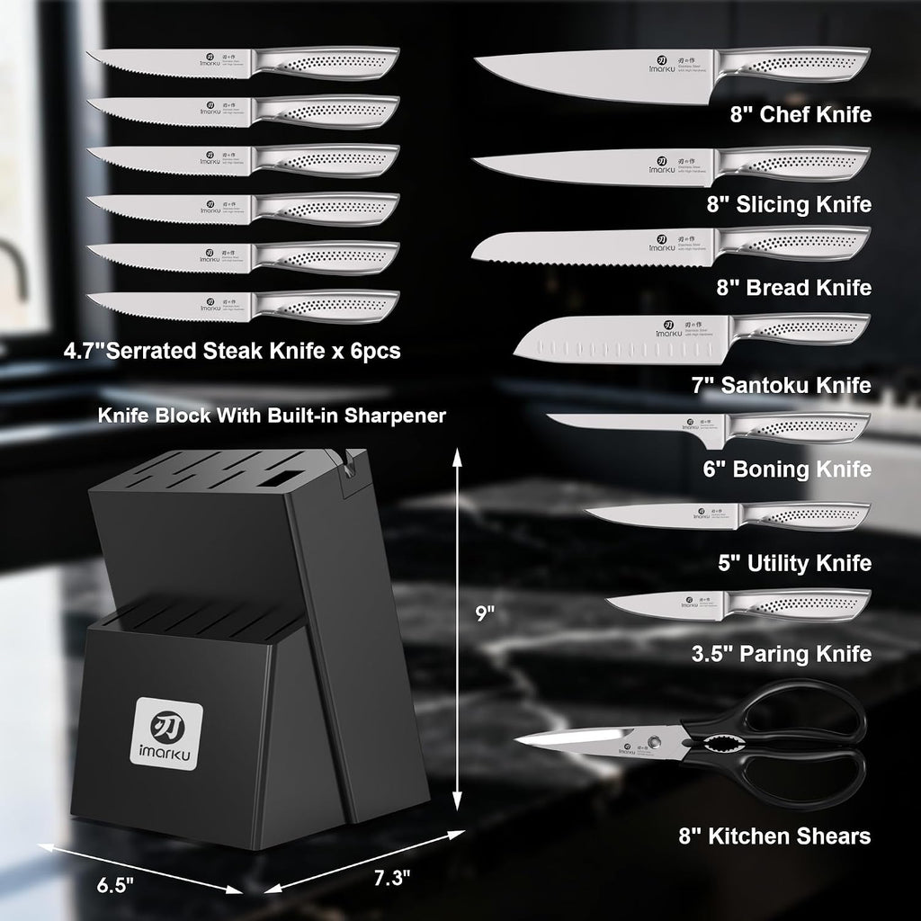 imarku 15-Piece Knife Set with Block, Sharp High Carbon Steel Knives, Built-in Sharpener for Easy Polishing, Ergonomic Non-Slip Comfort Grip, Dishwasher Safe, Durable Practical Tools Ideal for Cooks