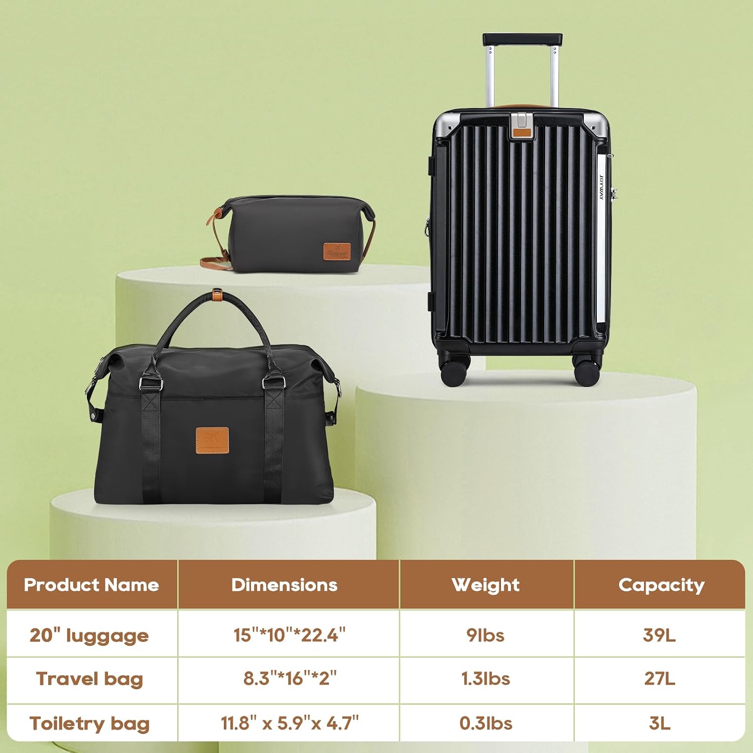 Joyway 20in Carry On Luggage with Cup Holder and USB Port, 25% Expandable Capacity, Smart Suitcase with Anti Slip Wheels and Handbag, Perfect for Men and Women 3 Piece Set Black