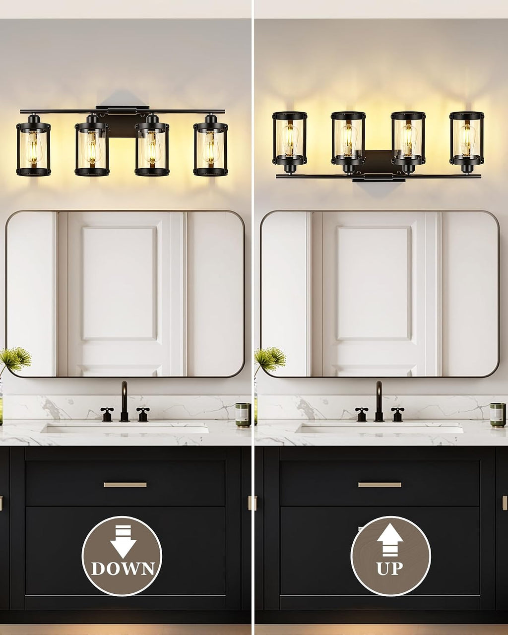 4-Light Black Bathroom Light Fixtures, 29 Inch Modern Bathroom Vanity Lighting Fixtures Over Mirror with Clear Glass and Metal Cage Wall Sconce Lights for Bath, E26, OS-3014BK-4W