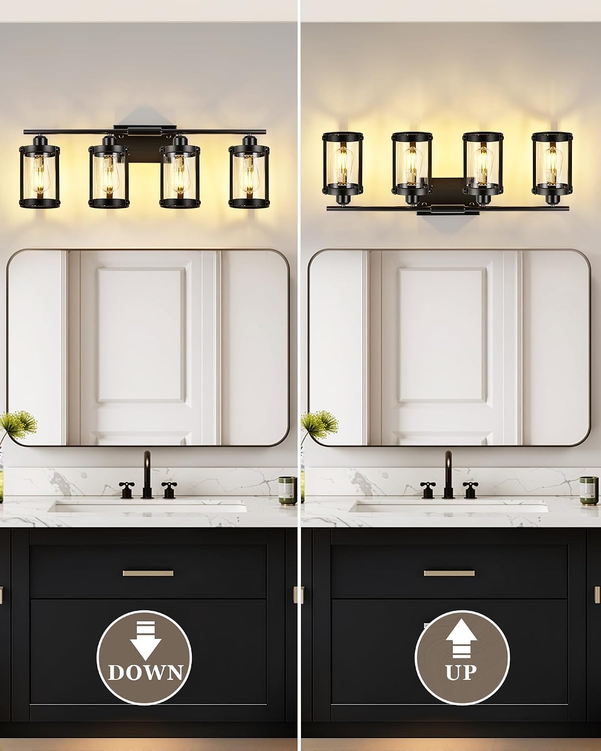 4-Light Black Bathroom Light Fixtures, 29 Inch Modern Bathroom Vanity Lighting Fixtures Over Mirror with Clear Glass and Metal Cage Wall Sconce Lights for Bath, E26, OS-3014BK-4W