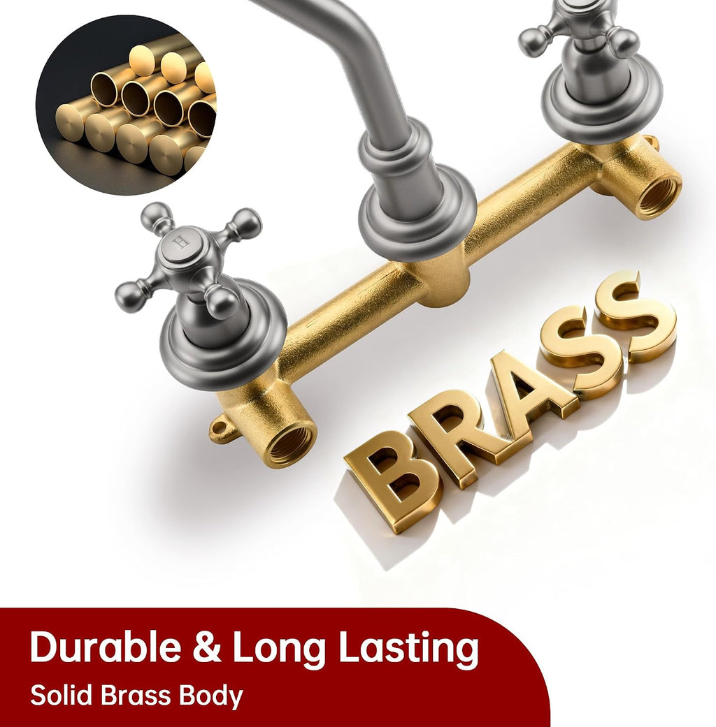 SUMERAIN Traditional Brushed Nickel Wall-Mounted Vessel Faucet, 3 Holes Cross Handles Bathroom Lavatory Sink with Included Rough-in Valve