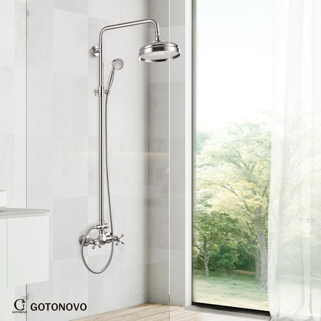 gotonovo Bathroom Exposed Shower Fixtures 8 Inch Rain Showerhead Double Cross Handles 2 Function Wall Mount Shower Faucet Set, Brass Handheld Spray, Brushed Nickel