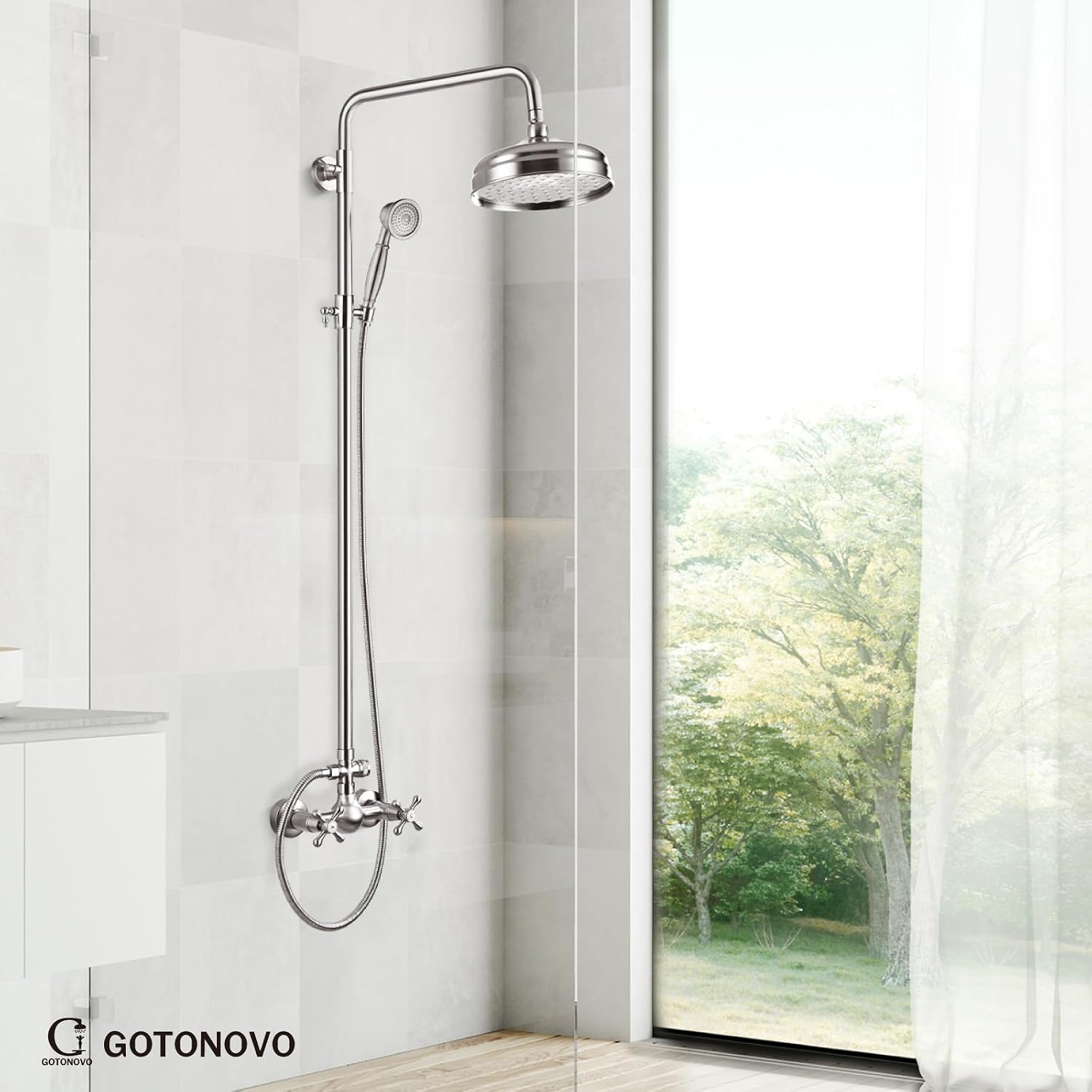 gotonovo Bathroom Exposed Shower Fixtures 8 Inch Rain Showerhead Double Cross Handles 2 Function Wall Mount Shower Faucet Set, Brass Handheld Spray, Brushed Nickel