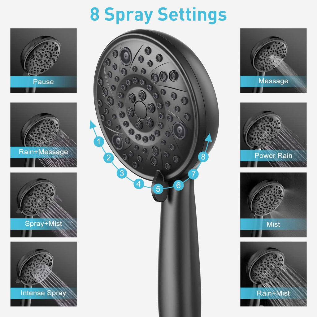 EMBATHER Black Shower Faucets Sets - Overhead Rain Head Shower System with 8-Mode High Pressure Handheld Complete Combo and Mixer Valve Trim Kit - 3-Way Rainfall Shower Fixture for Luxury Bathroom