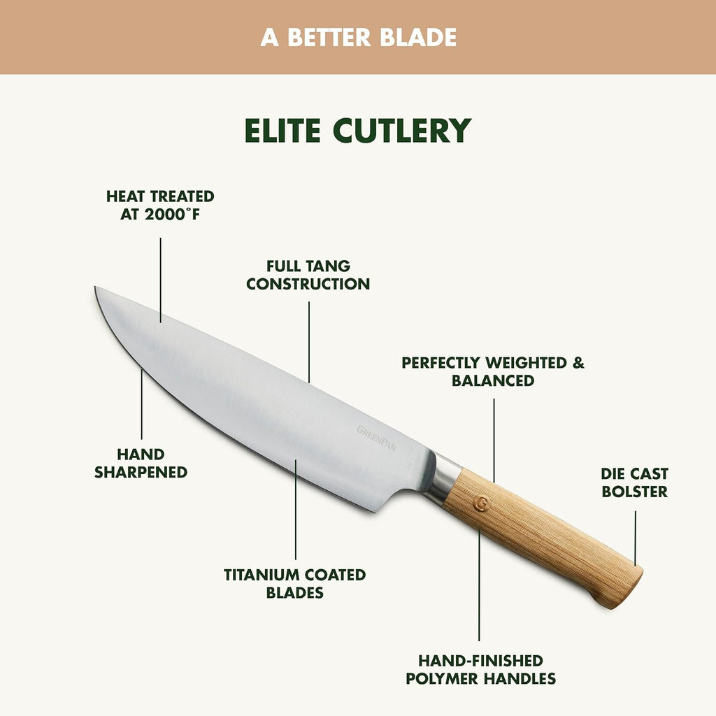 GreenPan Elite 8 Piece Steak Knife Set, Professional Stainless Steel Blades with Titanium Coating, Ultra-Sharp Dining Knives, Kitchen Cutlery, Ergonomic Wood Handles, Wooden Storage Box