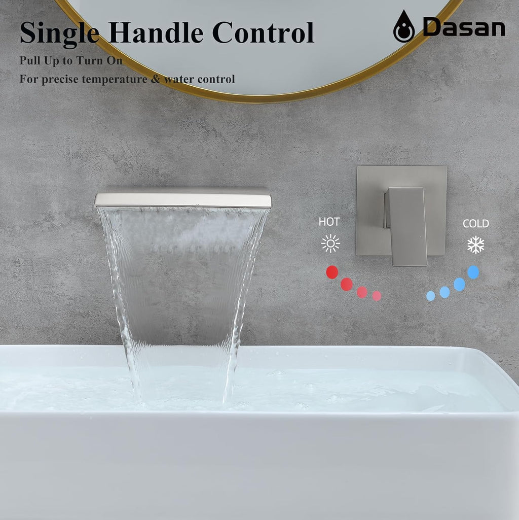 DASAN Wall Mount Waterfall Bathroom Faucet Brushed Nickel in Wall Sink Faucet, Single Handle Wall Mounted Modern Faucet for Bathroom with Upgraded Rough in Valve, DA-TFD3BN-NH