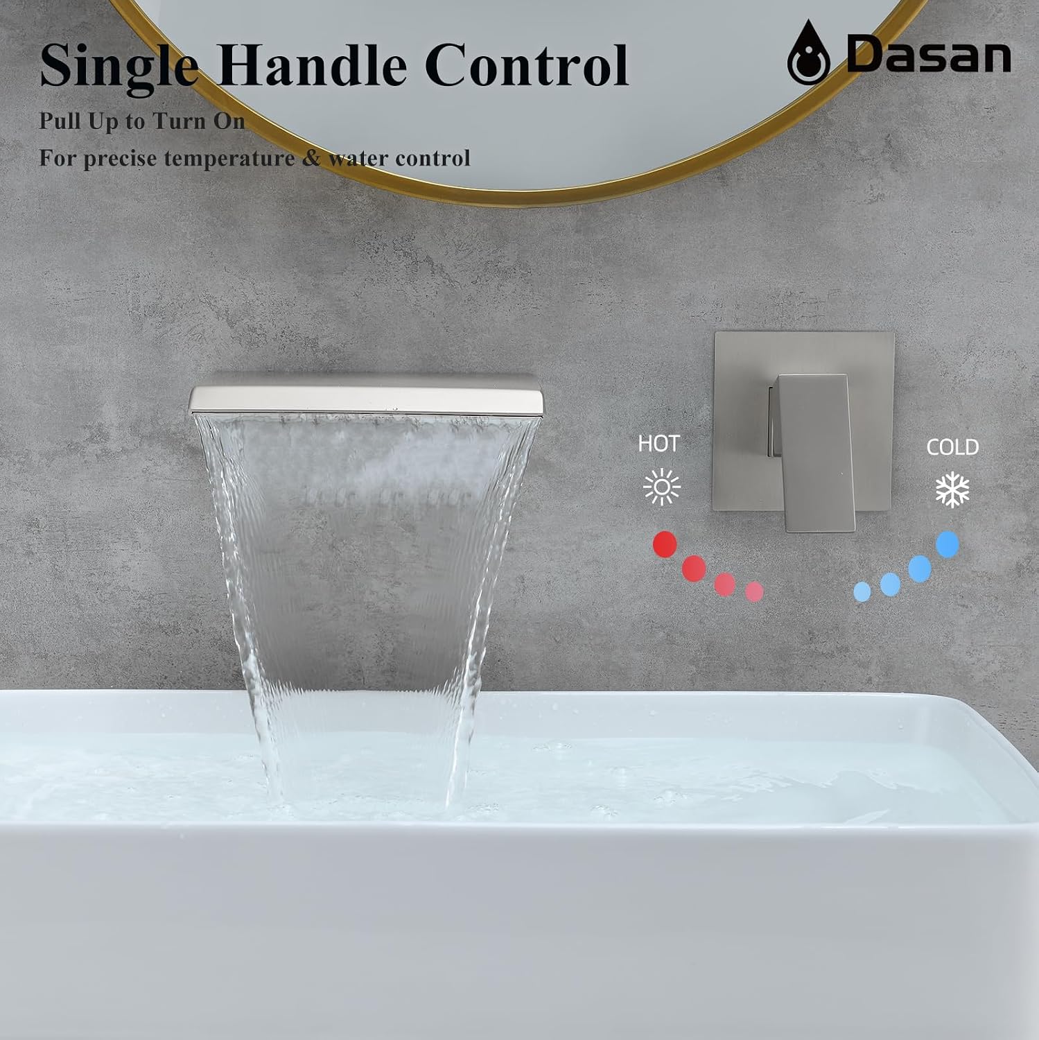 DASAN Wall Mount Waterfall Bathroom Faucet Brushed Nickel in Wall Sink Faucet, Single Handle Wall Mounted Modern Faucet for Bathroom with Upgraded Rough in Valve, DA-TFD3BN-NH