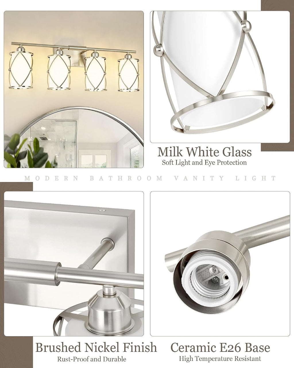 4-Light Brushed Nickel Bathroom Light Fixtures with Milk Frosted Glass, 29' Modern Bathroom Vanity Lighting Fixtures Over Mirror with Metal Cage, Wall Sconce Lights for Bath, E26, CH9176BNW-4W