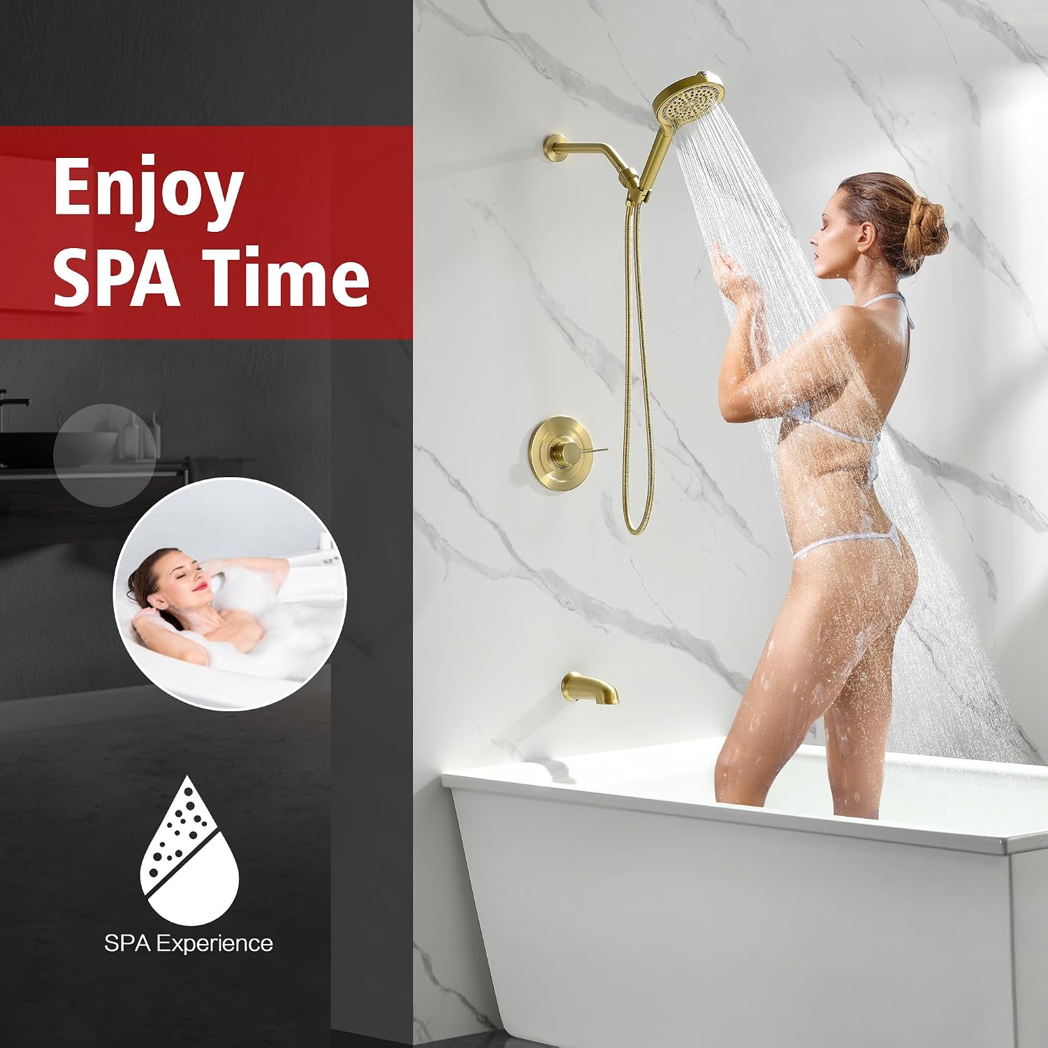 SUMERAIN Brushed Gold Shower System with 6-Spray Handheld Filtered Shower Head, Shower Faucet Set with High Flow Tub Spout